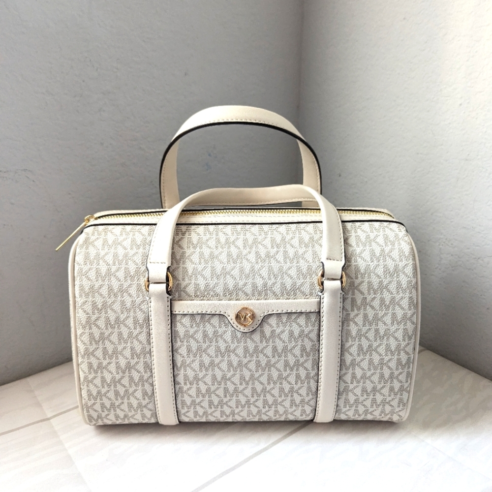 NWT Michael Kors Travel Medium Duffle Satchel Crossbody Bag Purse Lt. Cream